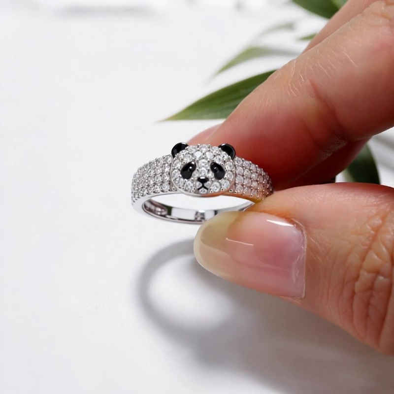 Anyes Panda Black Enamel Cocktail Ring