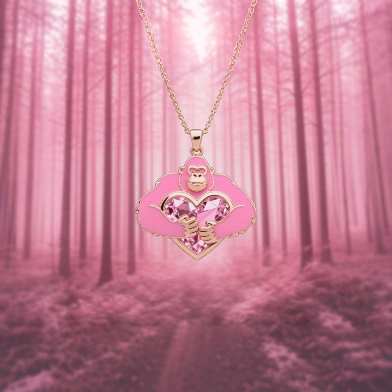 Anyes Enamel Monkey Embraces Pink Heart Necklace