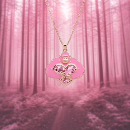 Anyes Enamel Monkey Embraces Pink Heart Necklace