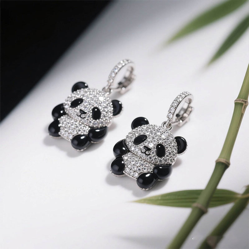 Anyes Panda Black Enamel Drop Earrings