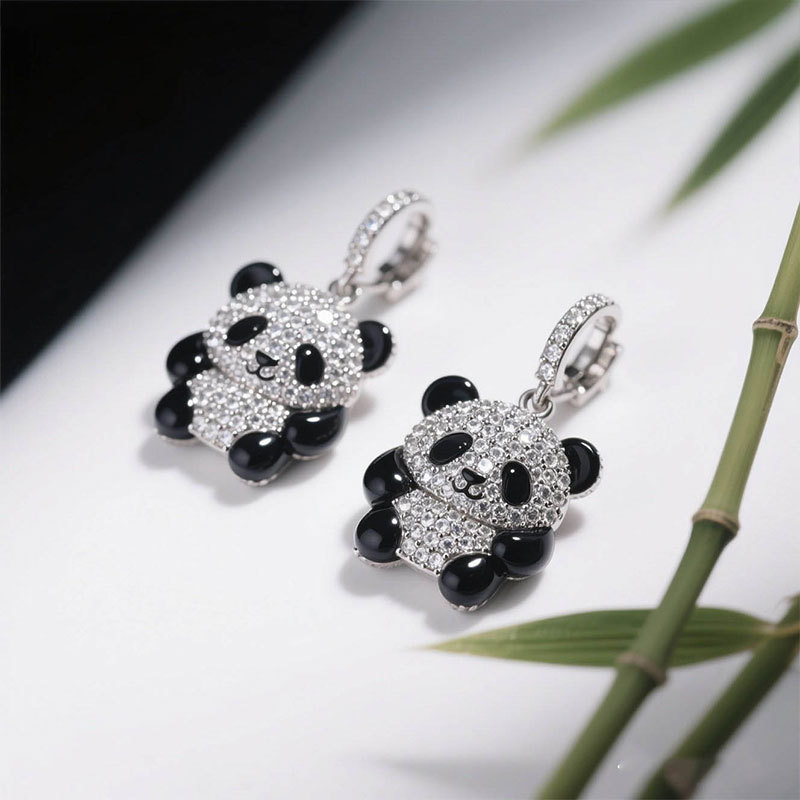 Anyes Panda Black Enamel Drop Earrings