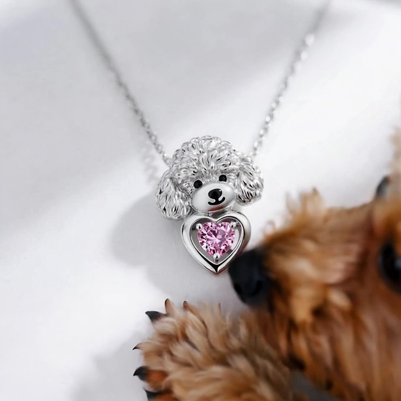 Anyes Poodle Embraces Love Pink Heart Necklace