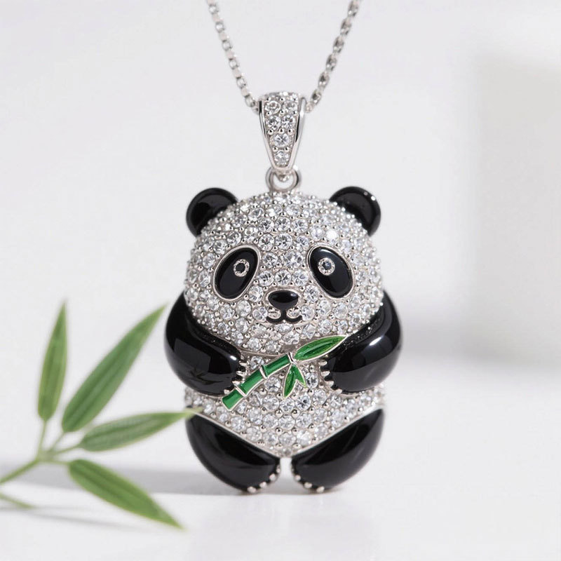 Anyes Panda Holding Bamboo Black Enamel Pendant Necklace