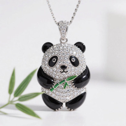 Anyes Panda Holding Bamboo Black Enamel Pendant Necklace