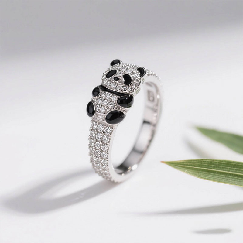 Anyes Panda Black Enamel Cocktail Ring