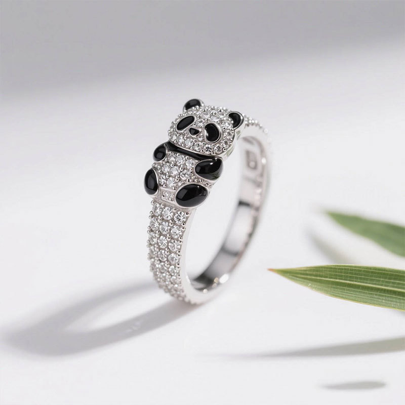Anyes Panda Black Enamel Cocktail Ring