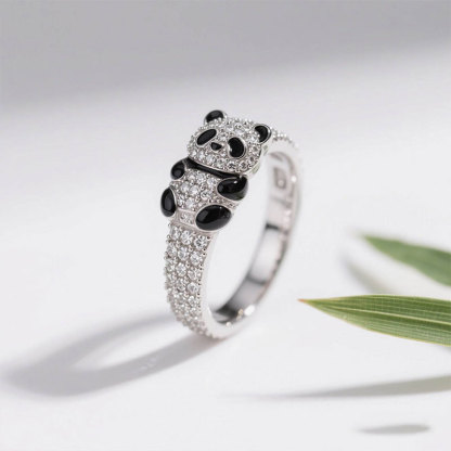 Anyes Panda Black Enamel Cocktail Ring