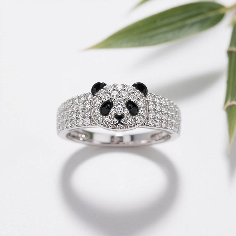 Anyes Panda Black Enamel Cocktail Ring