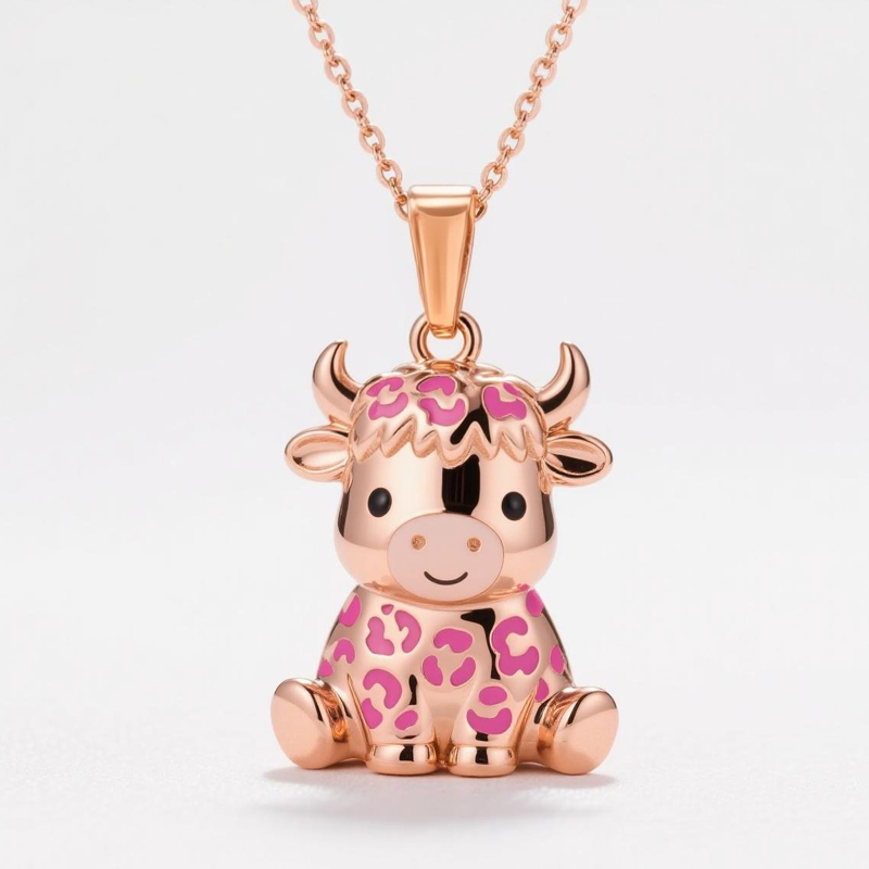 Anyes Pink Enamel Strawberry Highland Cow Necklace
