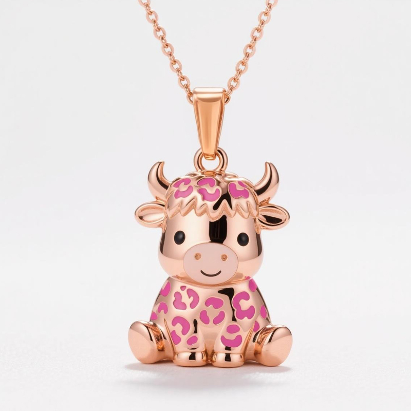 Anyes Pink Enamel Strawberry Highland Cow Necklace