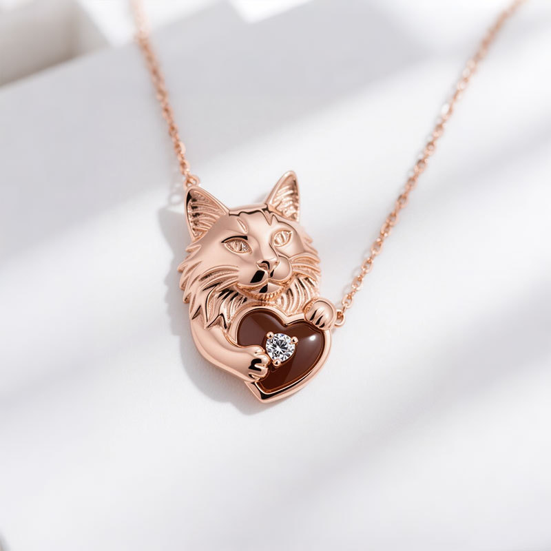 Anyes Round Cut Brown Enamel Heart Shape Maine Coon Necklace