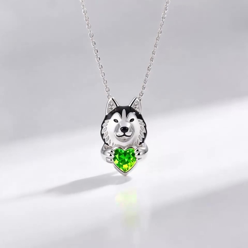 Anyes Husky Dog Embraces Love Heart Birthstone Necklace