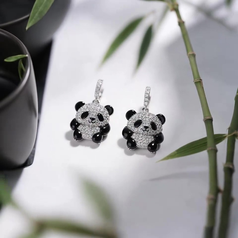 Anyes Panda Black Enamel Drop Earrings