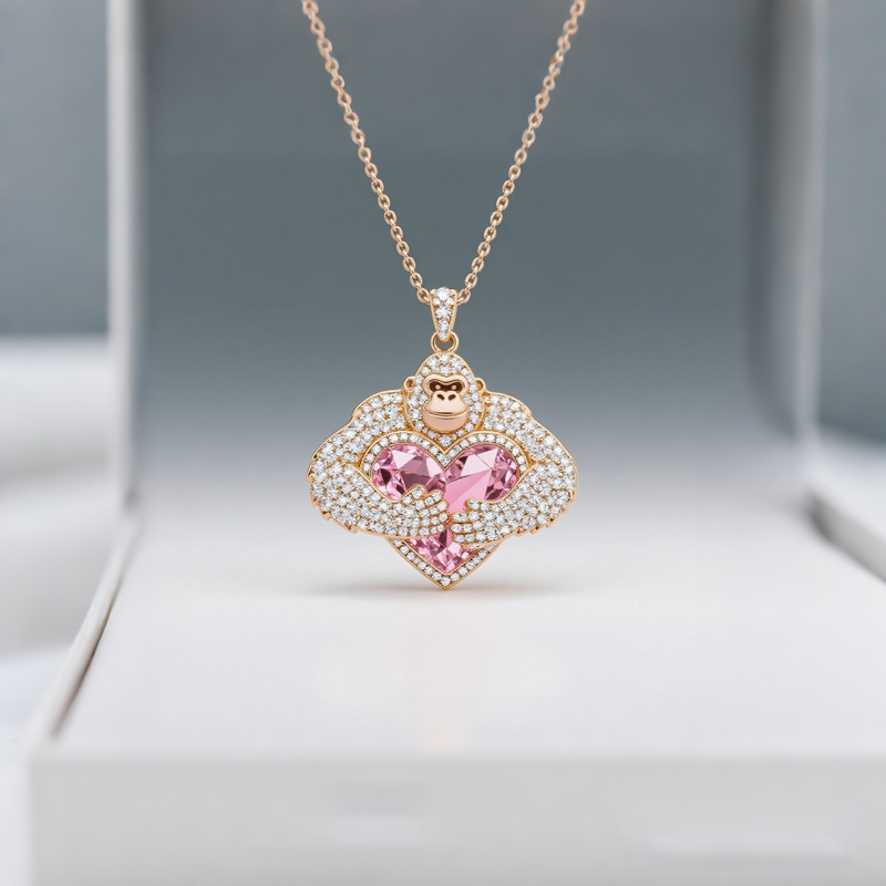 Anyes Gemstone Monkey Embraces Pink Heart Necklace