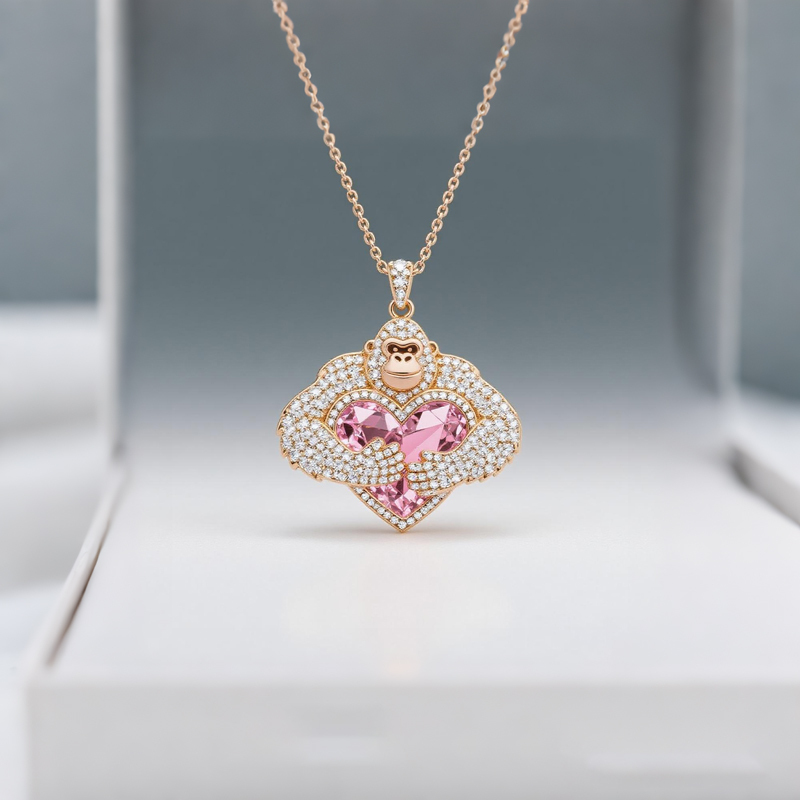 Anyes Gemstone Monkey Embraces Pink Heart Necklace