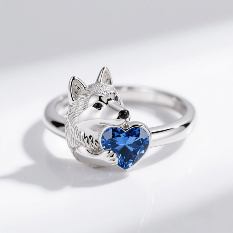 Anyes Husky Dog Embraces Love Heart Cocktail Ring