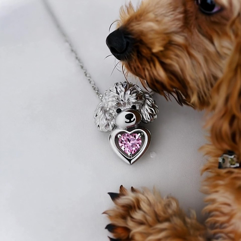 Anyes Poodle Embraces Love Pink Heart Necklace