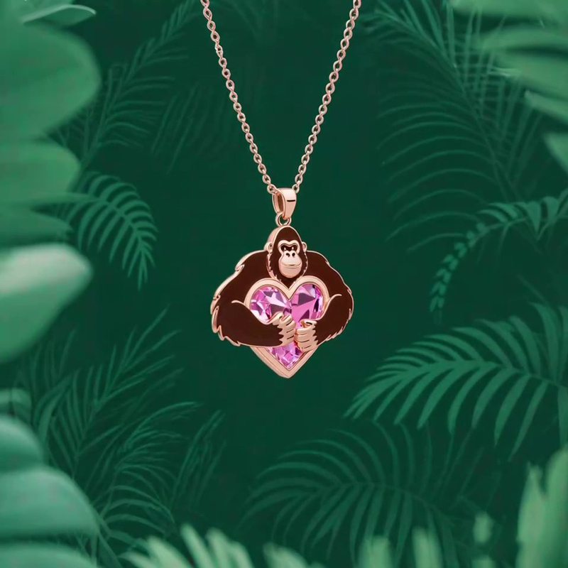 Anyes Enamel Monkey Embraces Pink Heart Necklace