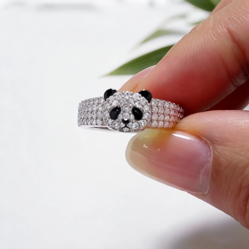 Anyes Panda Black Enamel Cocktail Ring