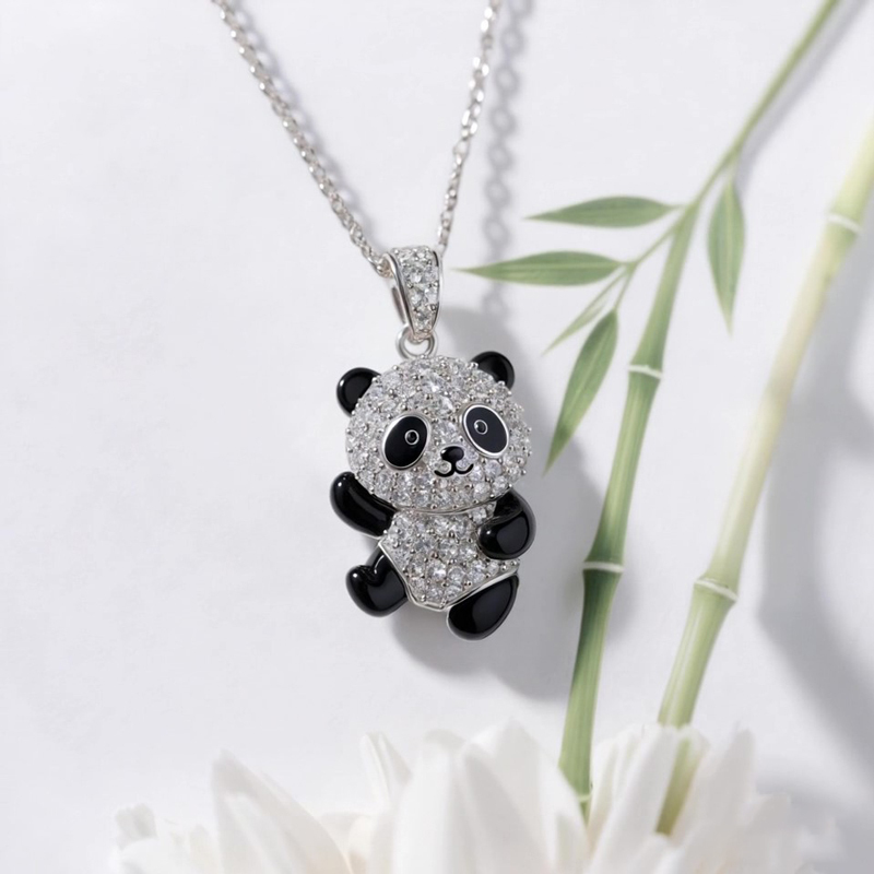 Anyes Panda Black Enamel Pendant Necklace