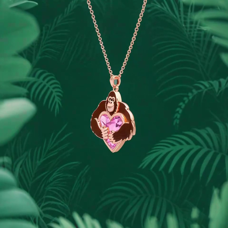 Anyes Enamel Monkey Embraces Pink Heart Necklace
