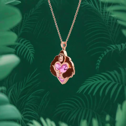 Anyes Enamel Monkey Embraces Pink Heart Necklace