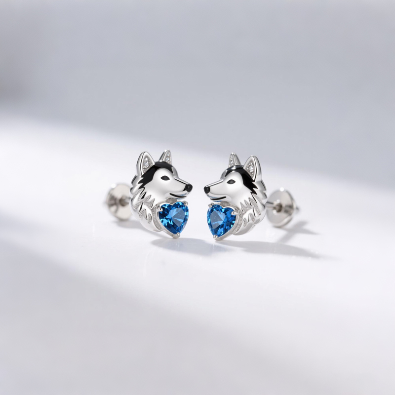 Anyes Husky Dog Embraces Love Heart Stud Earrings