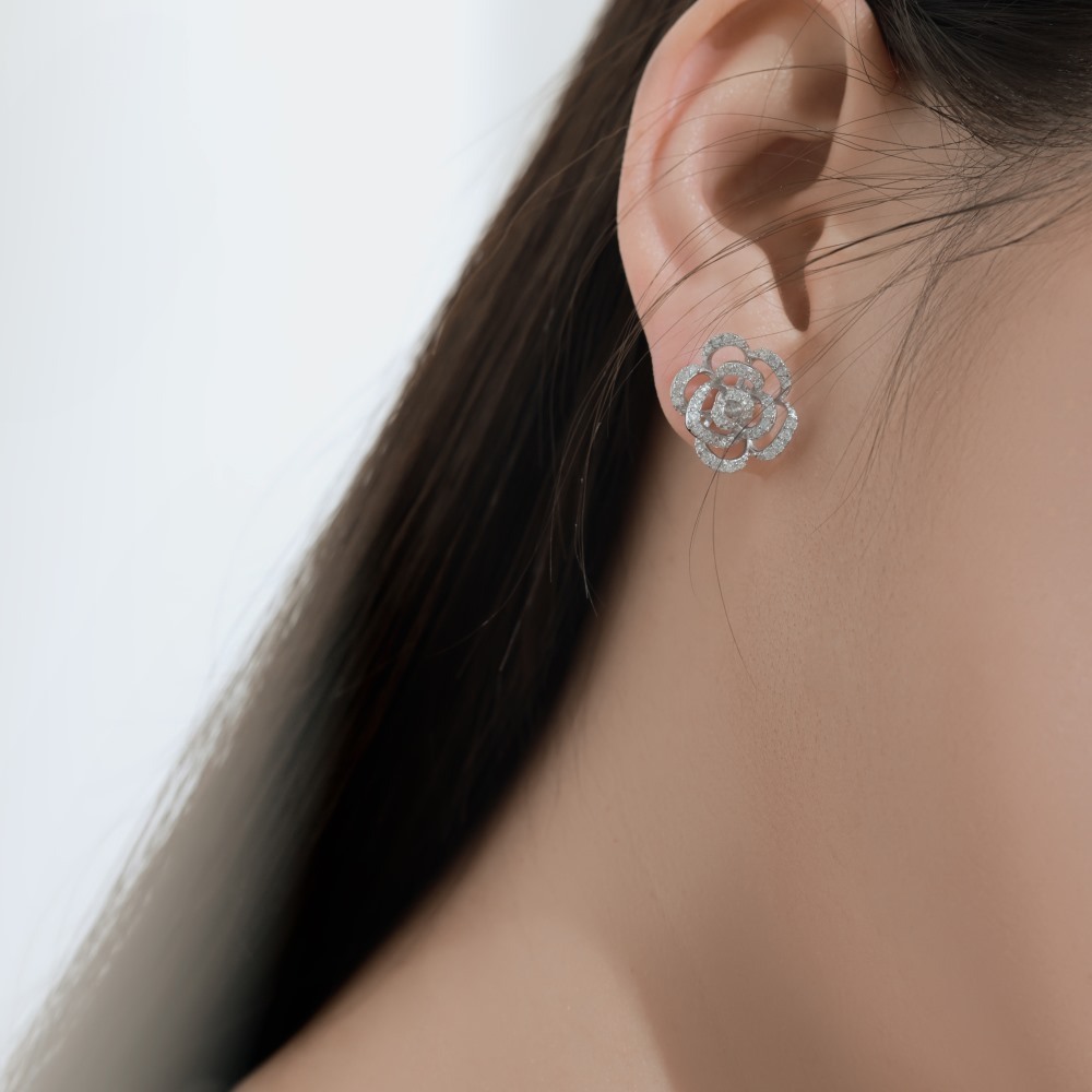 Anyes Camellia Rose Hollow Design Stud Earrings Sterling Silver-Anyes