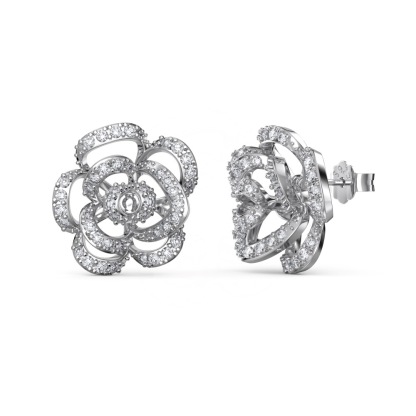 Anyes Camellia Rose Hollow Design Stud Earrings Sterling Silver-Anyes