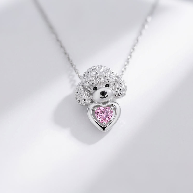 Anyes Poodle Embraces Love Pink Heart Necklace