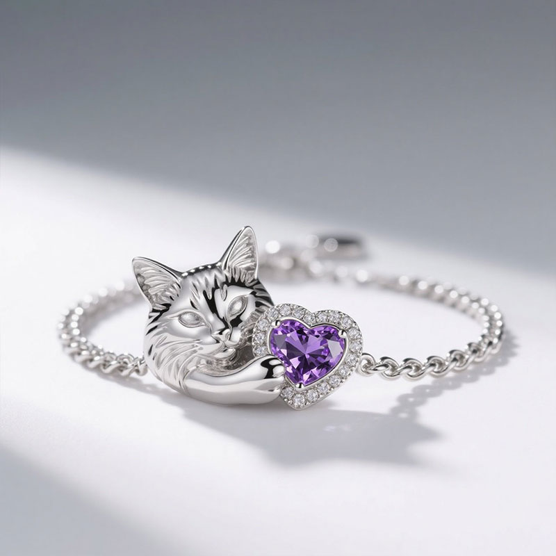 Anyes Halo Heart-cut Amethyst Persian Cat Bracelet