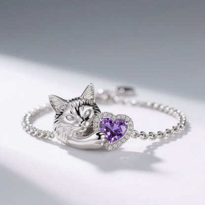 Anyes Halo Heart-cut Amethyst Persian Cat Bracelet