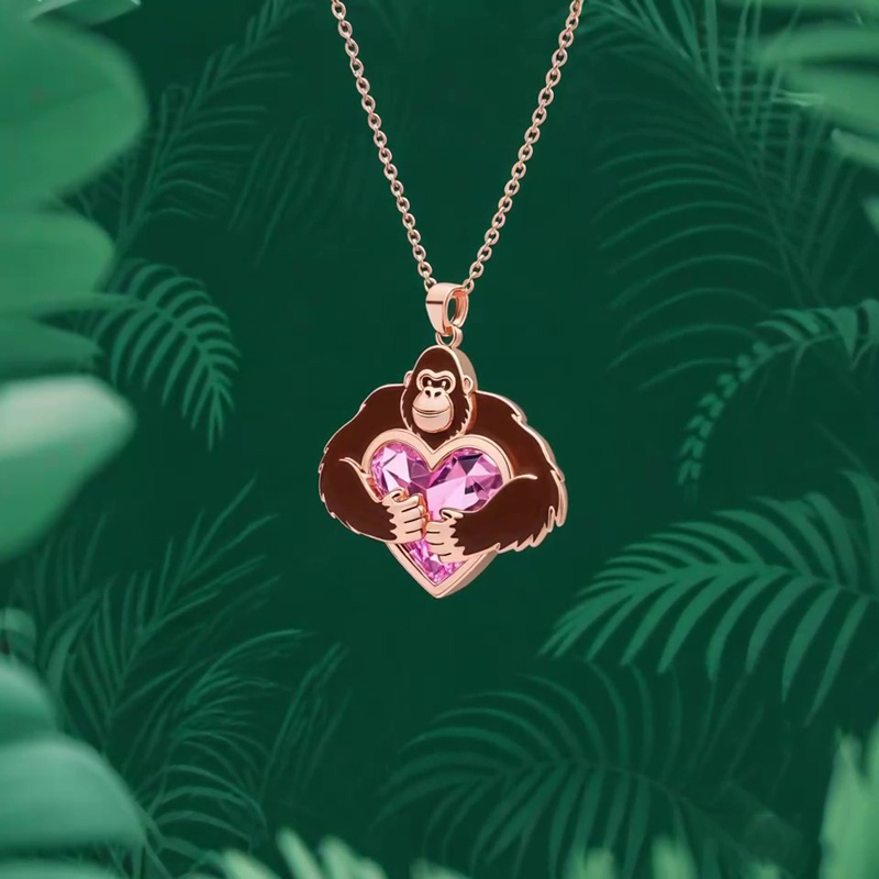 Anyes Enamel Monkey Embraces Pink Heart Necklace