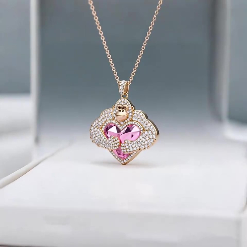 Anyes Gemstone Monkey Embraces Pink Heart Necklace
