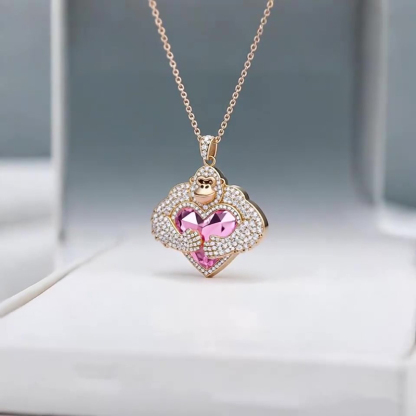 Anyes Gemstone Monkey Embraces Pink Heart Necklace