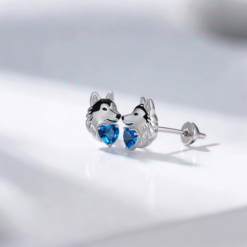 Anyes Husky Dog Embraces Love Heart Stud Earrings