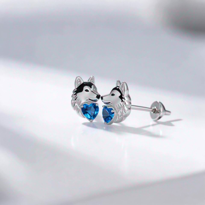 Anyes Husky Dog Embraces Love Heart Stud Earrings