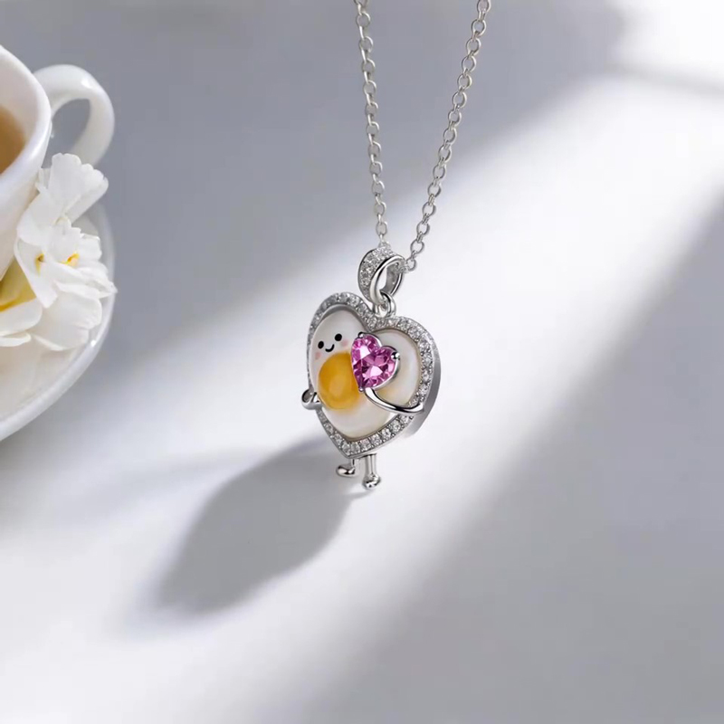 Anyes Happy Boiled Egg Embraces Pink Heart Enamel Necklace