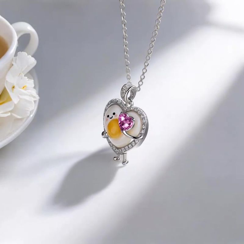 Anyes Happy Boiled Egg Embraces Pink Heart Enamel Necklace