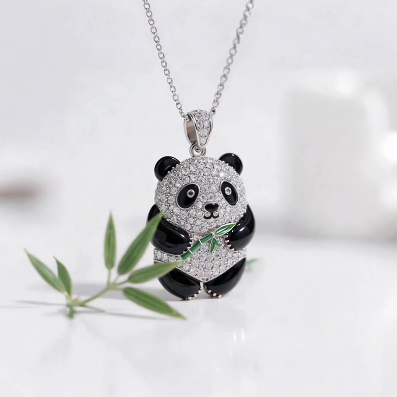 Anyes Panda Holding Bamboo Black Enamel Pendant Necklace