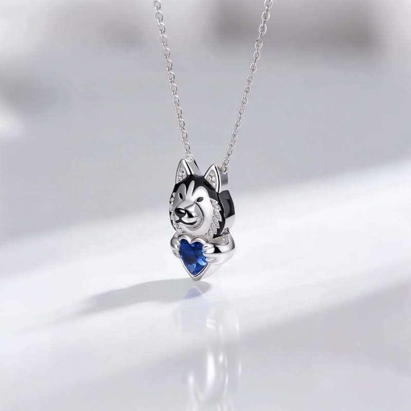 Anyes Husky Dog Embraces Love Heart Birthstone Necklace