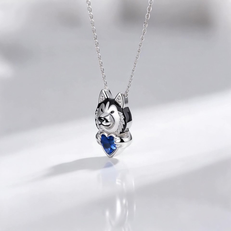 Anyes Husky Dog Embraces Love Heart Birthstone Necklace
