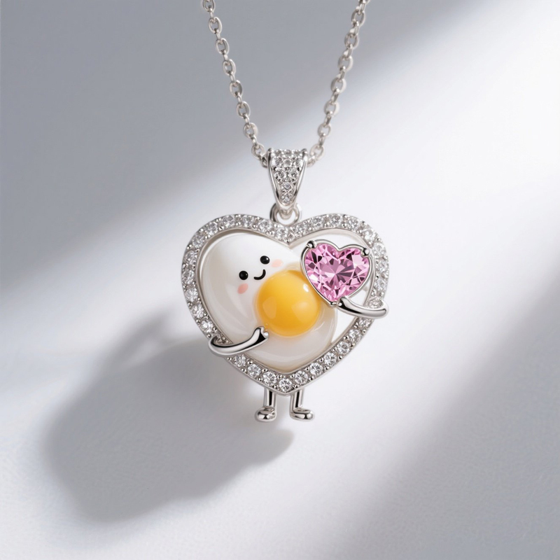 Anyes Happy Boiled Egg Embraces Pink Heart Enamel Necklace