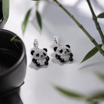 Anyes Panda Black Enamel Drop Earrings