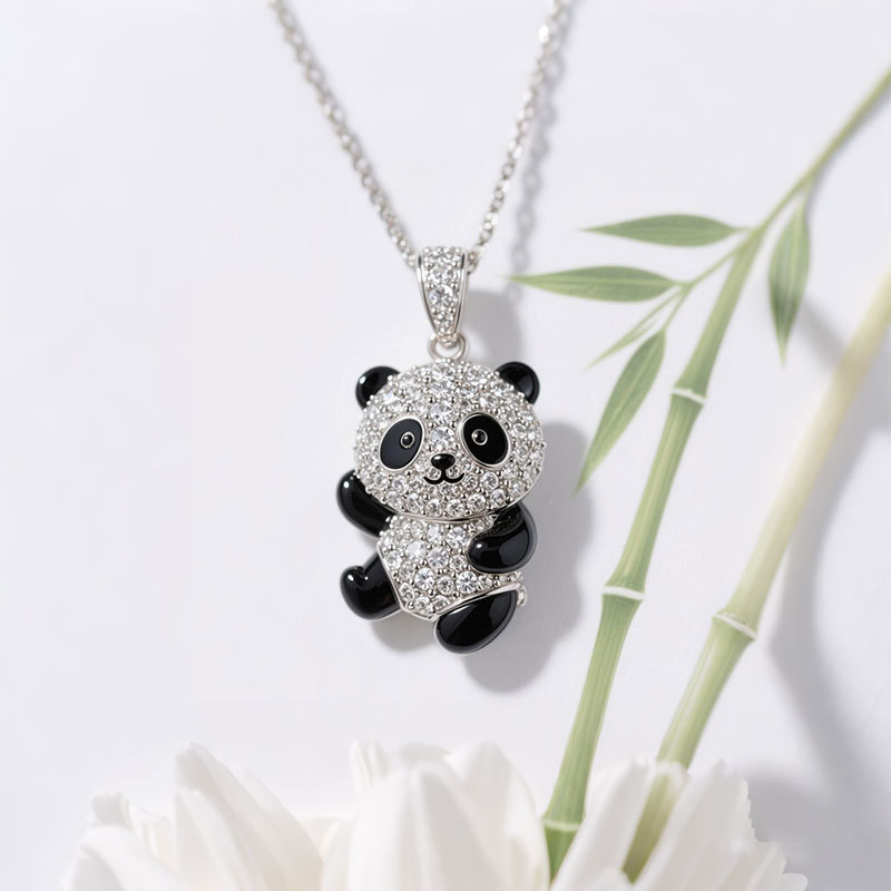 Anyes Panda Black Enamel Pendant Necklace