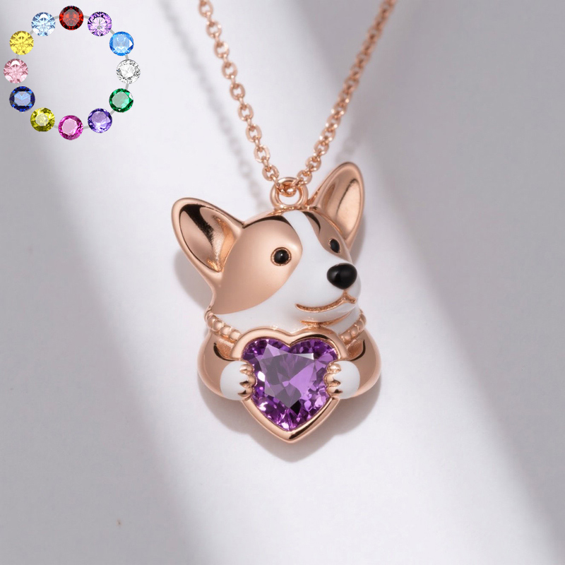 Anyes Corgi Embraces Love Heart Birthstone Necklace