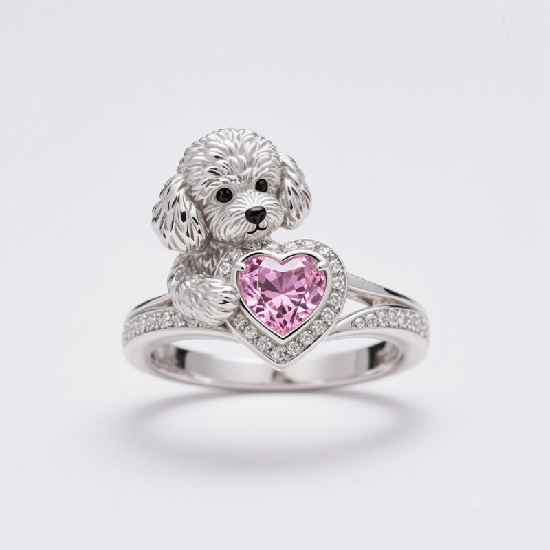 Anyes Poodle Embraces Love Halo Pink Heart Cocktail Ring