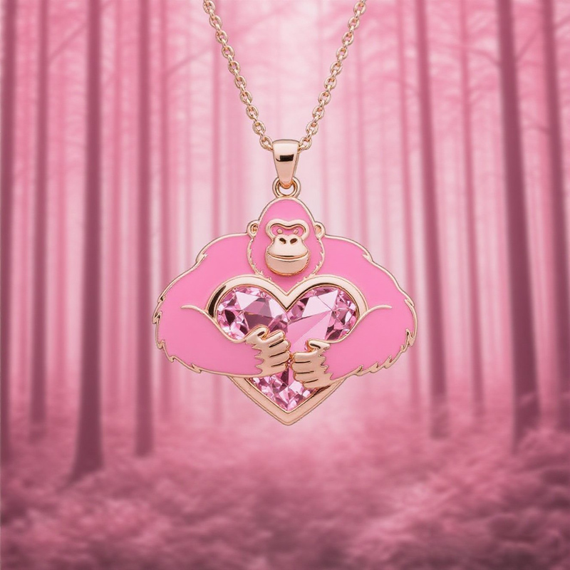 Anyes Enamel Monkey Embraces Pink Heart Necklace
