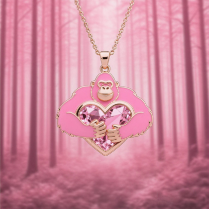 Anyes Enamel Monkey Embraces Pink Heart Necklace