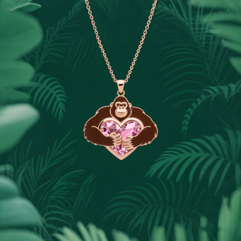 Anyes Enamel Monkey Embraces Pink Heart Necklace